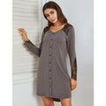 Women's Long-Sleeve Nightgown for Autumn & Winter Pullover Version Lace Panel Craft Fake Placket Decoration Loungewear