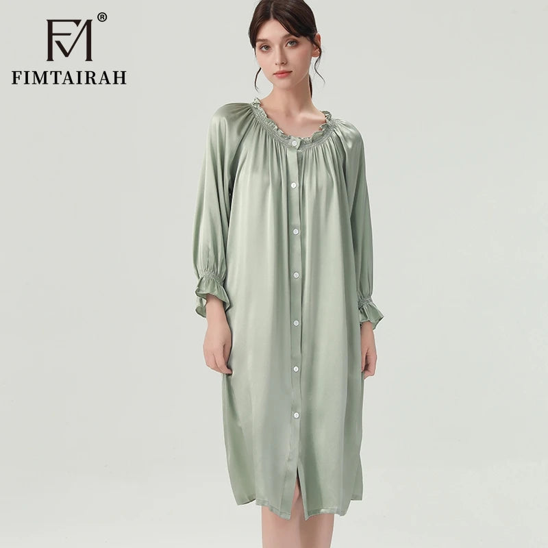 FIMTAIRAH 6A 22MM 100% Silk Nightdress Real Silk Nightgown Women long plus large size Sleepwear Pajamas robe