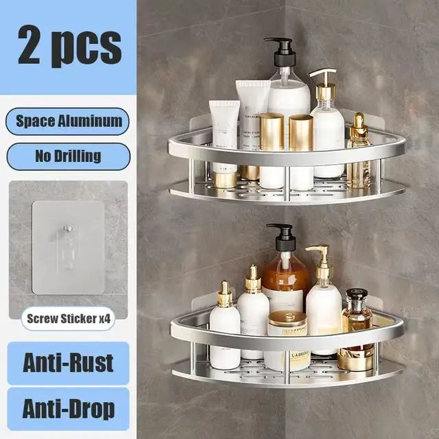 Bathroom Shelf No Drill Wall Mounted Shampoo Bottle Shower Corner Rack Toilet Storage Rack Aluminum Bathroom Kitchen Accessories silver Triangle 2pcs