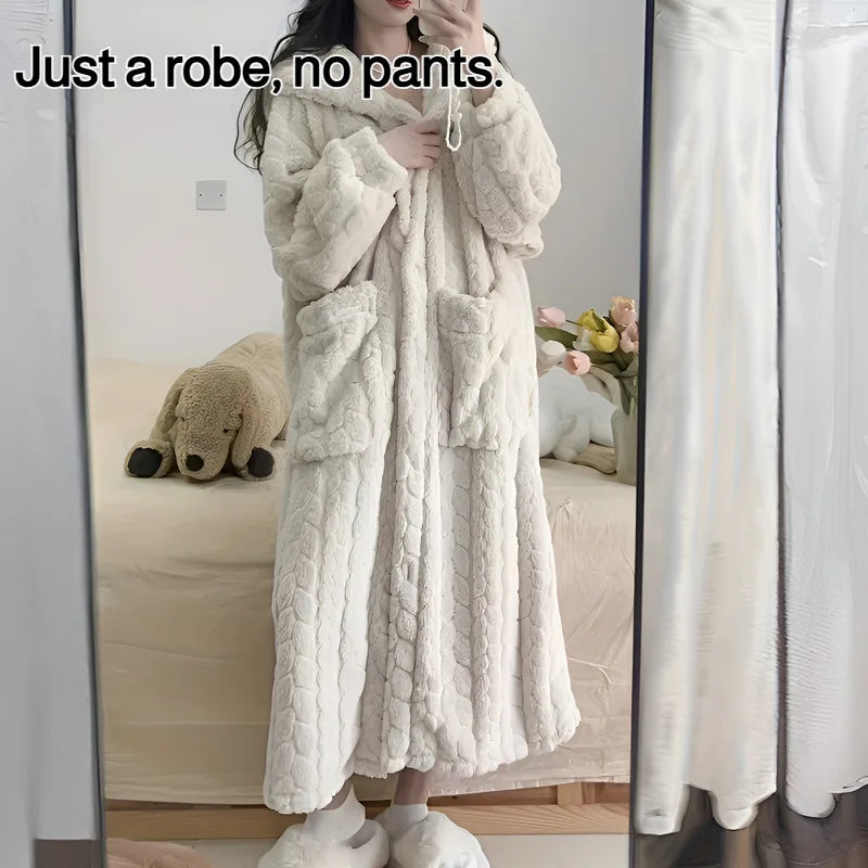 Women's Plush Hooded Pajama Dress Thickened Fleece Long Sleeve Nightgown Robe Winter Loungewear Home Bathroom Robe No Pants Jacquard