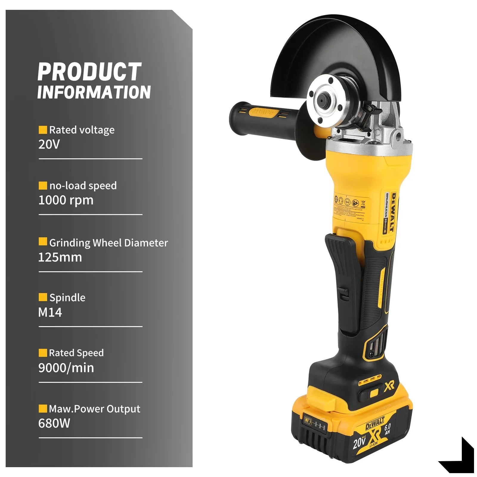 DEWALT DCG406 20VCordless Angle Grinder:1000rpm125mm wheel,M14 spindle9000/min speed,680W power.For construction,DIY&industrial
