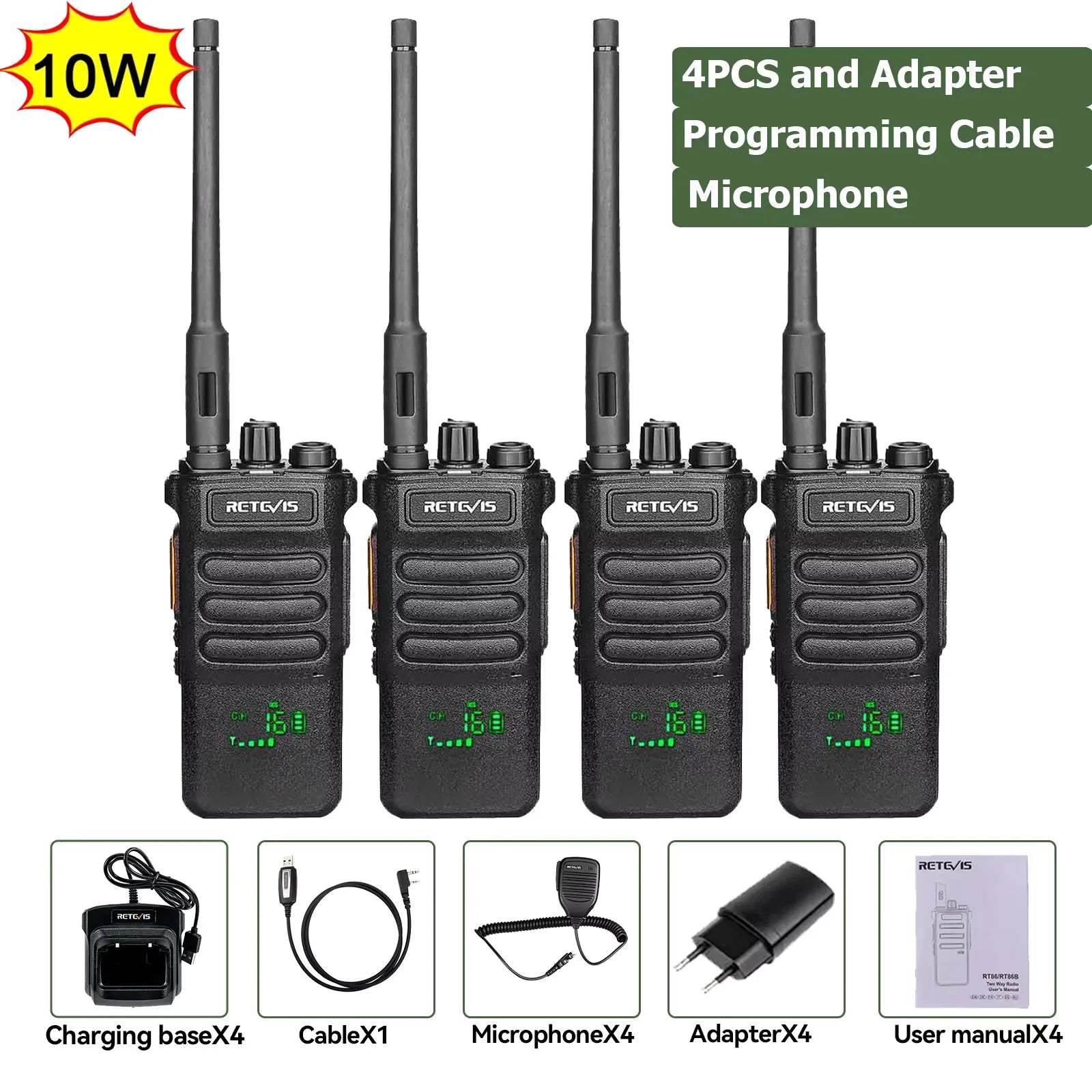 Retevis RT86 10W Walkie Talkie Professional Two Way Radio Long Range Walkie Talkie UHF Communication radio for Outdoor Business 4PCS and ACS