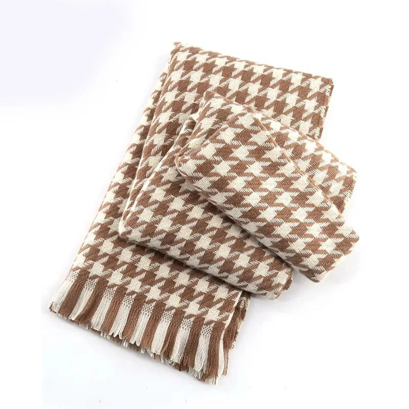 Women's Cashmere Winter Scarf – Thick Knitted Warm Shawl Houndstooth khaki]]