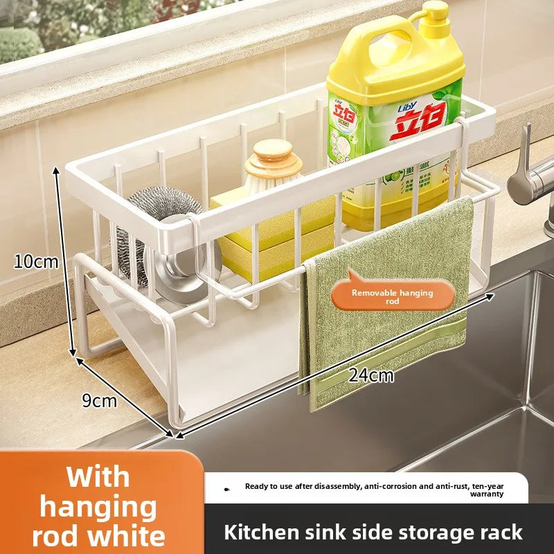 Kitchen Sponge Holder Drain Rack Sink Organizer for Dish Cloth Scrubber Storage with Hanging Hook WHITE
