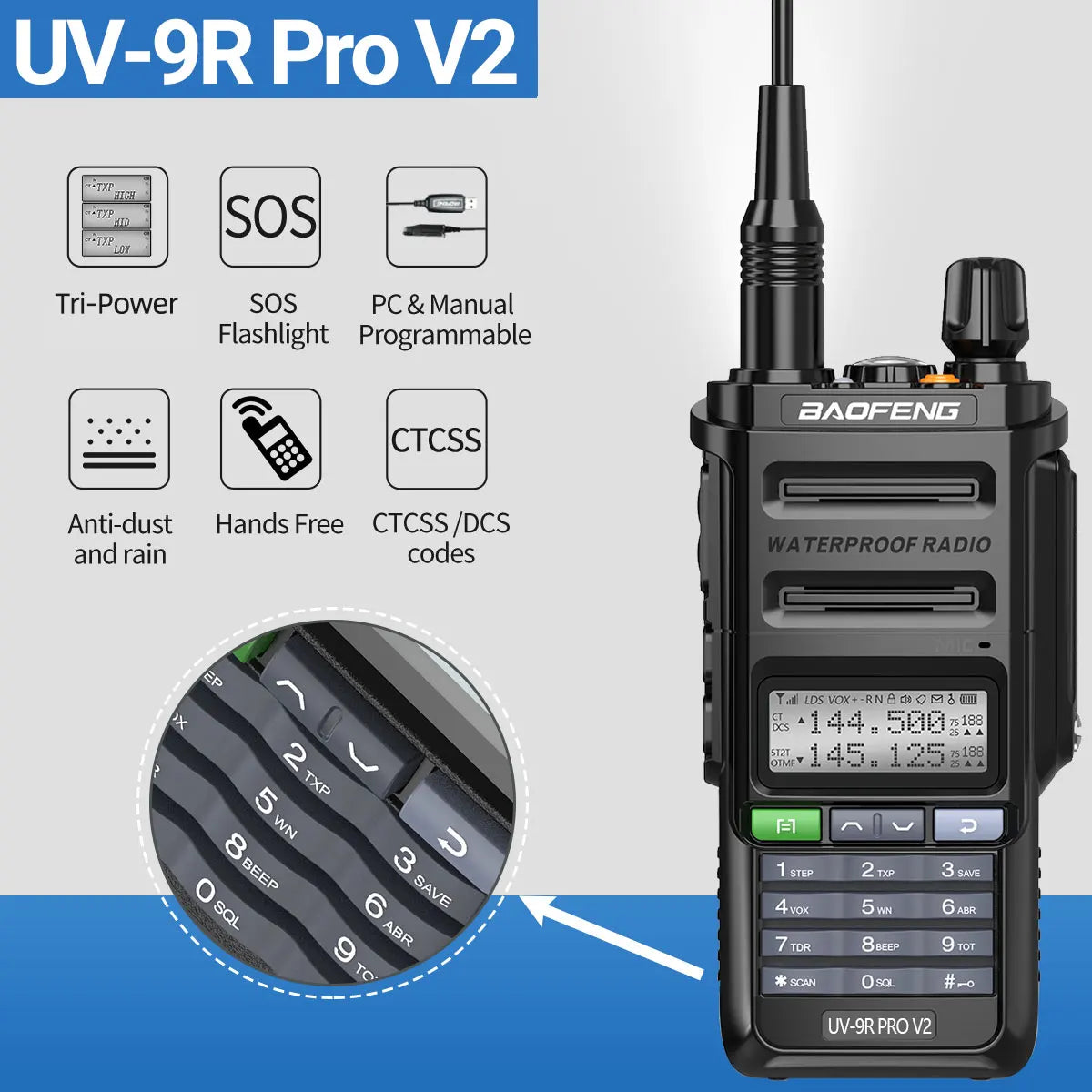 Baofeng UV 9R Pro V2 IP68 Waterproof Walkie Talkie Tri-Power Type-C Charger Dual Band Ham CB Radio Two Way Radio of UV 9R Plus