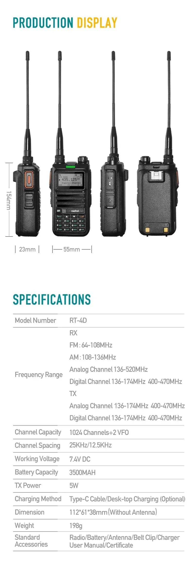 Radtel RT-4D DMR Radio Digital Walkie Talkie Dual Mode Analog Two Way Radio Dual Time Slot Ham Radio 1024 Channels - Dicrodelights
