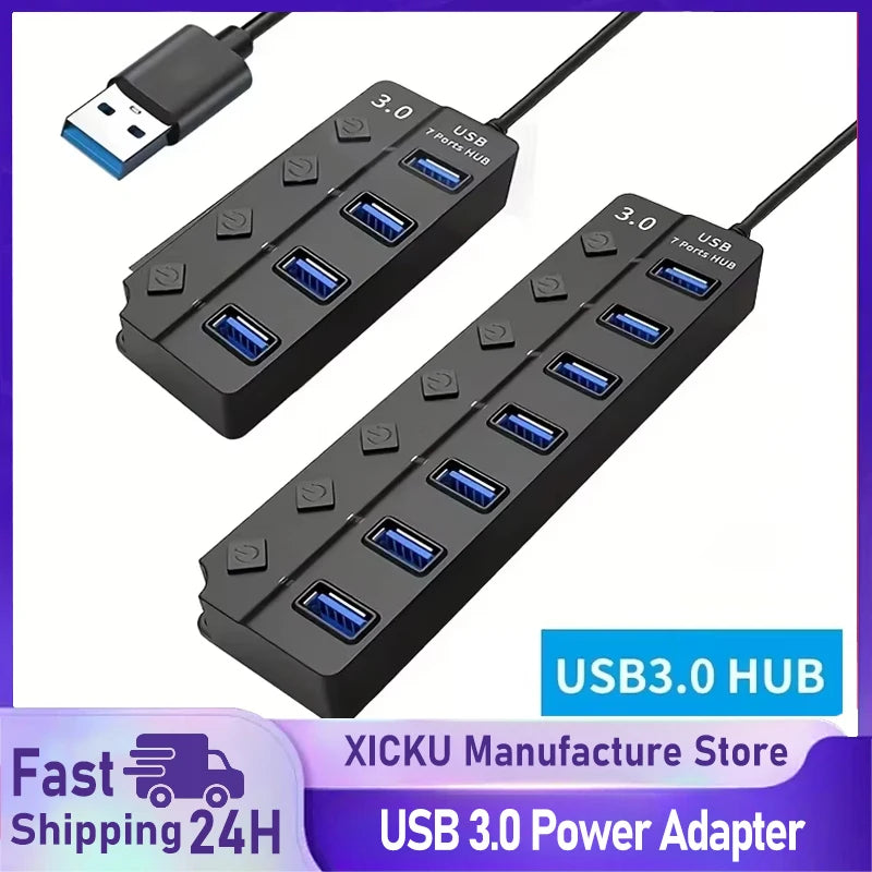 4/7-Port USB 3.0 Hub with LED Indicator Independent Switch Control for Laptop Flash Drive Hard Disk Printer Camera Keyboard