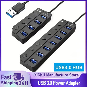 4/7-Port USB 3.0 Hub with LED Indicator Independent Switch Control for Laptop Flash Drive Hard Disk Printer Camera Keyboard