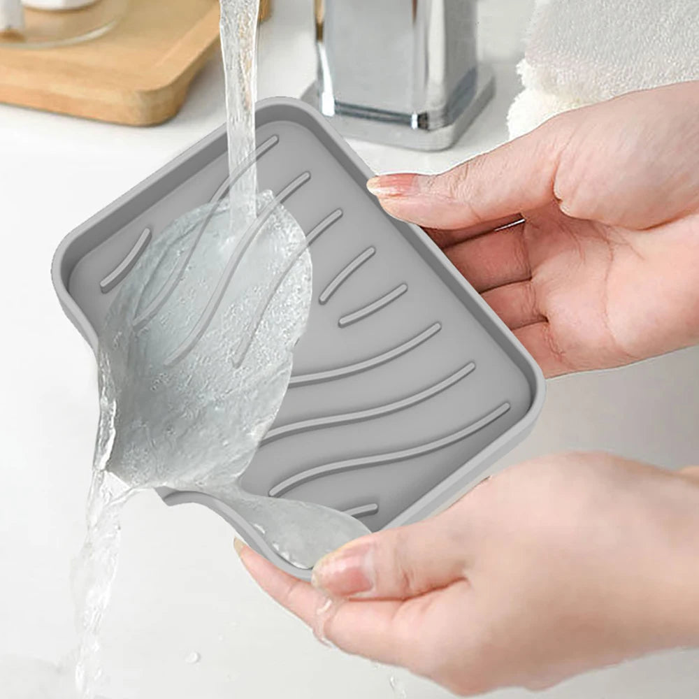 Self Draining Soap Bar Holder Silicone Kitchen Sink Soap Dish Sponge Tray Counter Caddy Organizer for Dish Soap Dispenser