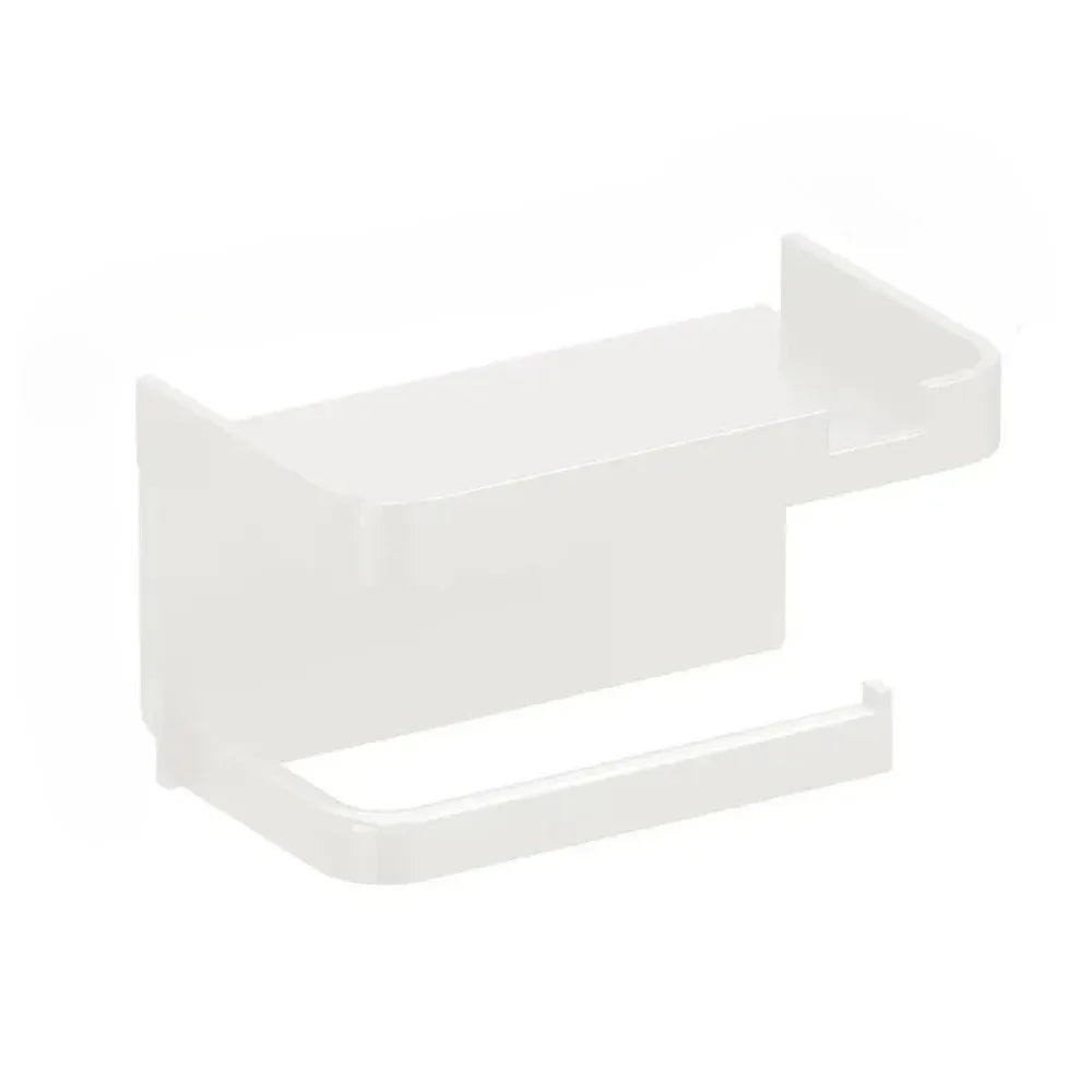 Plastic Adhesive Toilet Roll Holder with Phone Storage Shelf White
