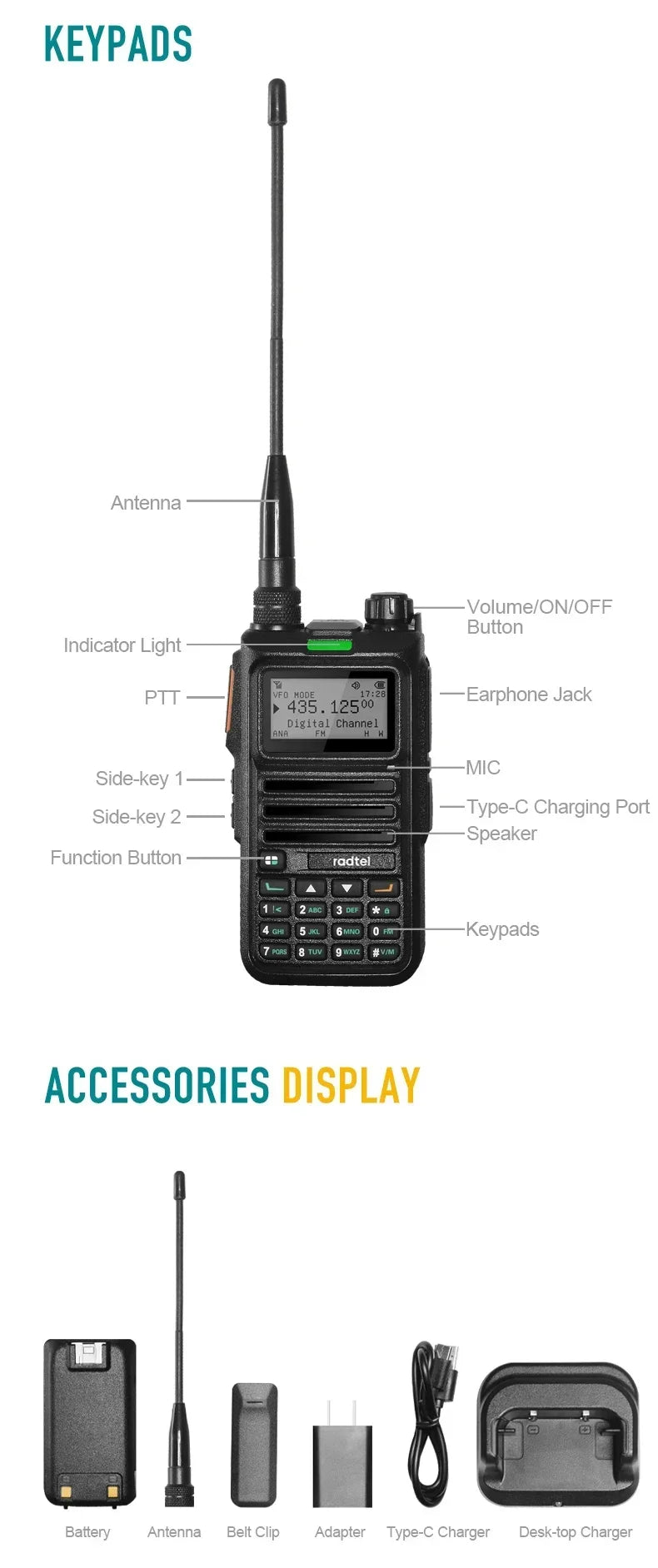 Radtel RT-4D DMR Radio Digital Walkie Talkie Dual Mode Analog Two Way Radio Dual Time Slot Ham Radio 1024 Channels - Dicrodelights