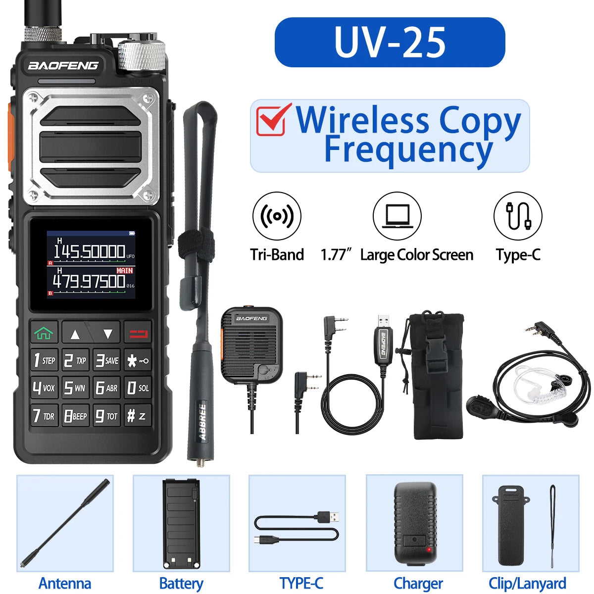 Baofeng UV-25 Air Band Walkie Talkie – Long Range UHF/VHF, Type-C Charging, 999CH, Wireless Frequency Copy, NOAA, Ham Radio - Dicrodelights