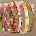 ZAKOL 5/1pcs Sparkling Zirconia Inlaid Stainless Steel Bracelet Set for Women Stackable Bangles Fashion Non Fading Jewelry Gift Pink Set