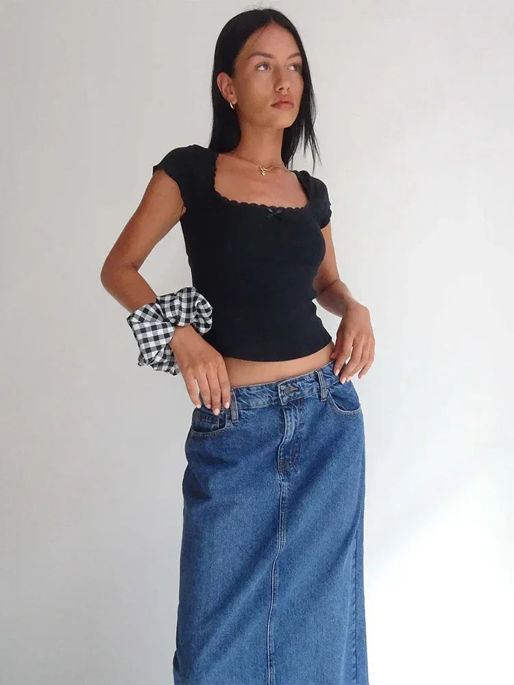 Lace Trim Knit Crop Top Women – Vintage Square Neck Tee