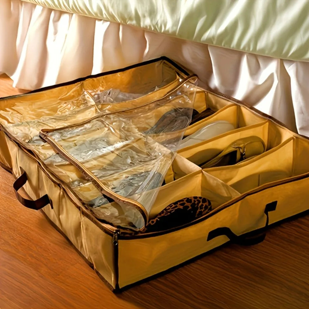 Twelve Compartment Under Bed Shoe Organiser With Clear Cover