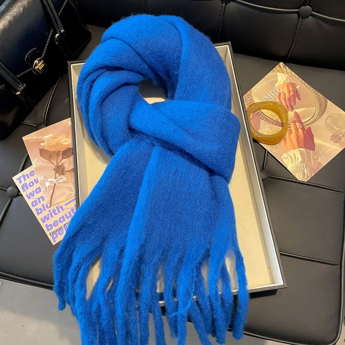 Women's Cashmere Winter Scarf – Thick Knitted Warm Shawl Large version mohair [Klein blue]]