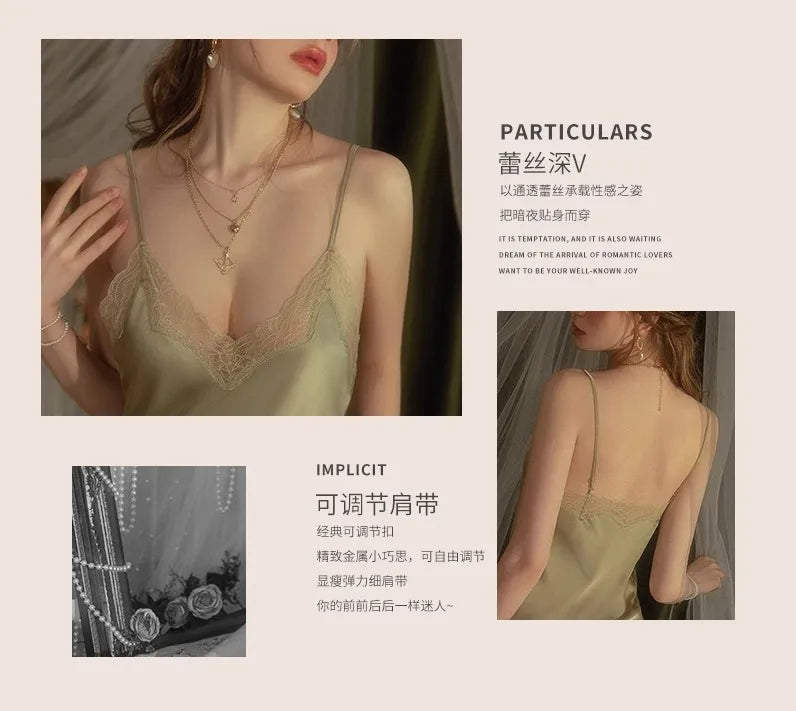 2025 Women's Lace Chemise Nightdress with Chest Pads, Ice Silk Suspender Nightgown for Autumn Winter