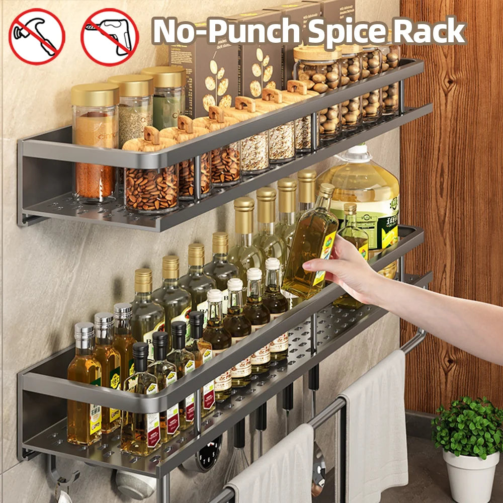 Wall-Mounted Kitchen Spice Rack Organizer Carbon Steel No Drilling 12-20 Inch Seasoning Holder Shelf for Easy Access to Spices