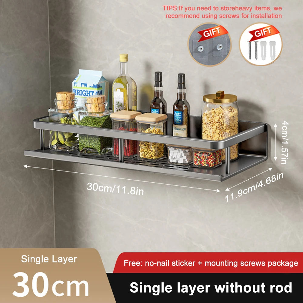Wall-Mounted Kitchen Spice Rack Organizer Carbon Steel No Drilling 12-20 Inch Seasoning Holder Shelf for Easy Access to Spices 30cm