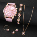 5/6PCS Fashion Women's Quartz Watch Leather Band Analog Wrist Watches Heart Rhinestone Jewelry Set(Without Box) HH10039