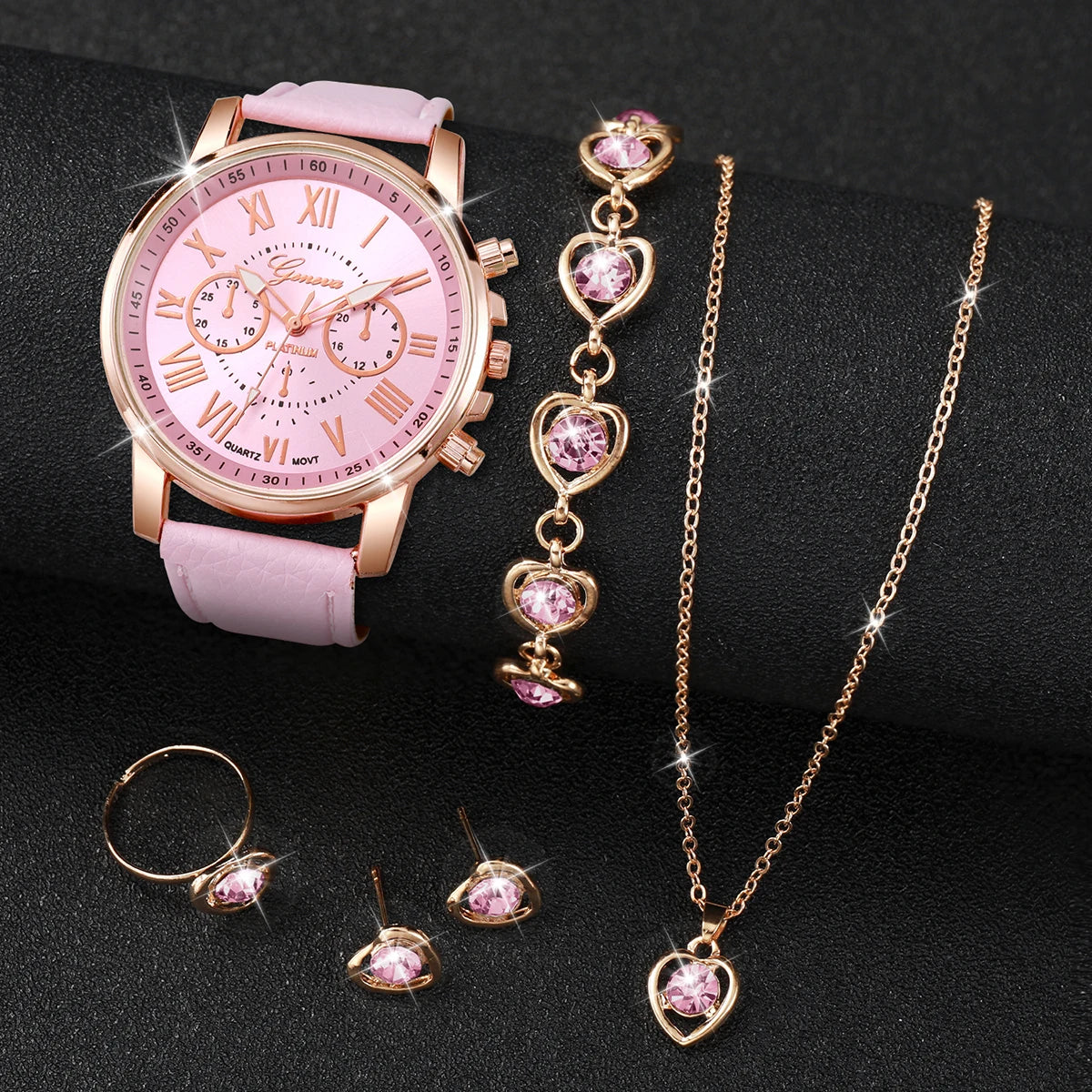 5/6PCS Fashion Women's Quartz Watch Leather Band Analog Wrist Watches Heart Rhinestone Jewelry Set(Without Box) HH10039