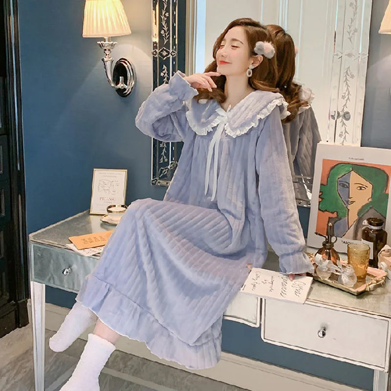 Womens Nightwear Nightdress Flannel Thickened Solid Colour Nightgown Doll Collar Student Warm Coral Velvet Ruffle Dress Robes Se Blue