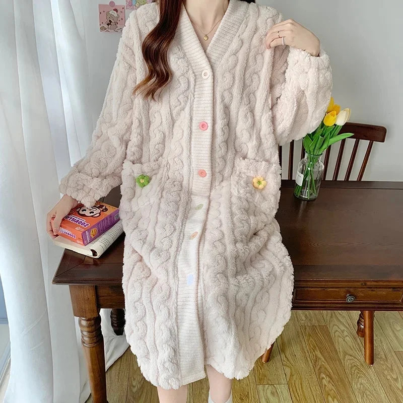 Thickened Flannel Sleepwear V-neck Home Clothes Women's Coral Fleece Robe Autumn Winter Patterned Fresh Flower Nightgown 8807 apricot