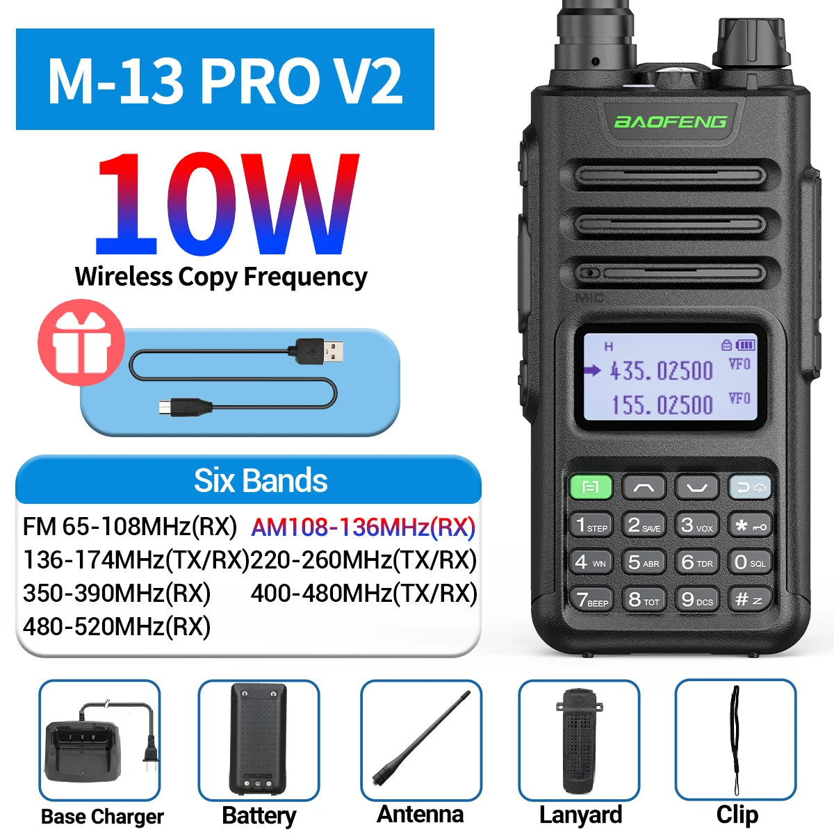 BaoFeng M-13 PRO V1 V2 High Power Multi Band Walkie Talkie Type-C Charger Long Range Upgraded UV-13 PRO V1 V2 Ham Two Way Radio - Dicrodelights