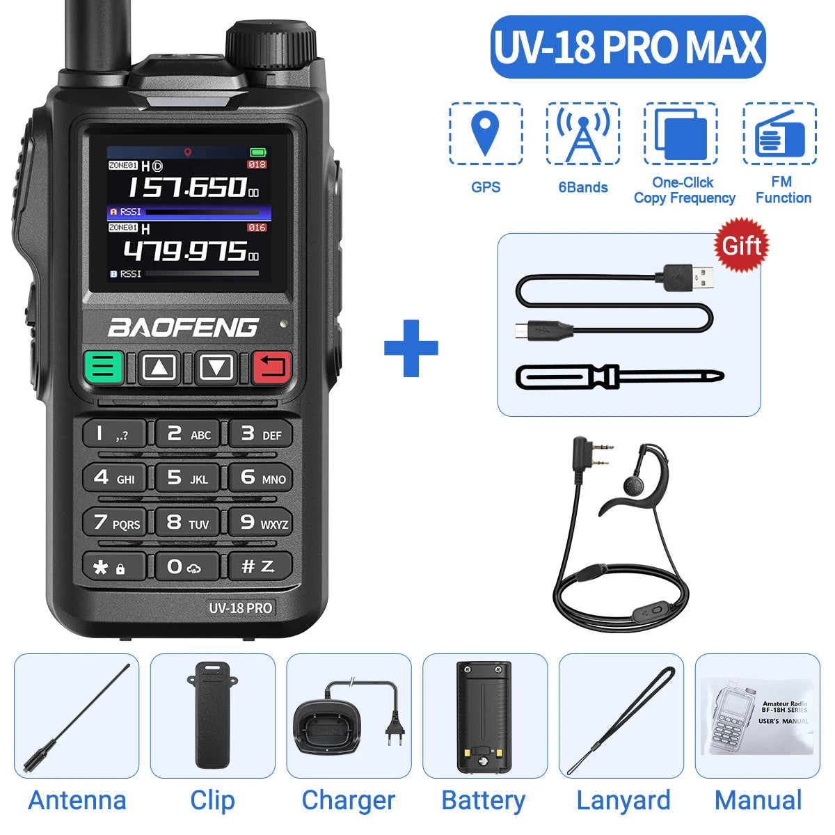 Baofeng UV18 PRO MAX GPS Walkie Talkie, 10W, Long Range, Type-C, Six-Band, Wireless Frequency, Ham Radio for Hunting - Dicrodelights