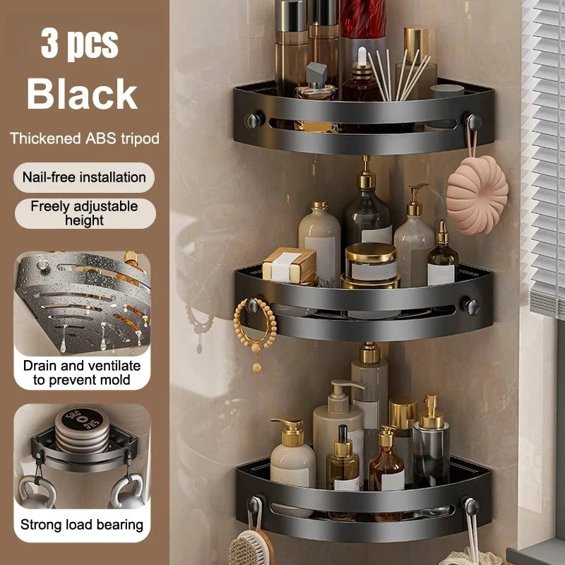 No Drill Corner Shower Shelf with Drainage and Hanging Storage 3 pcs black