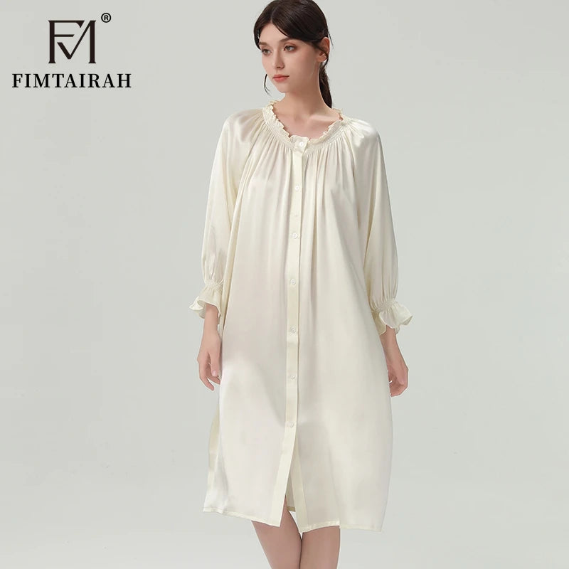 FIMTAIRAH 6A 22MM 100% Silk Nightdress Real Silk Nightgown Women long plus large size Sleepwear Pajamas robe Fimtairah 03
