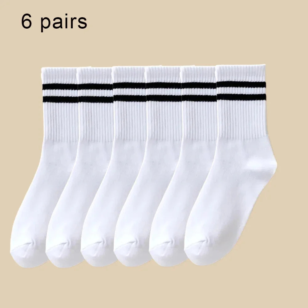 1/6 Pairs Women Mid-Tube Socks Solid Colour Autumn Winter Breathable Comfortable Sport Sweat Absorbent Man And Women's Socks 6 Pairs White A One Size