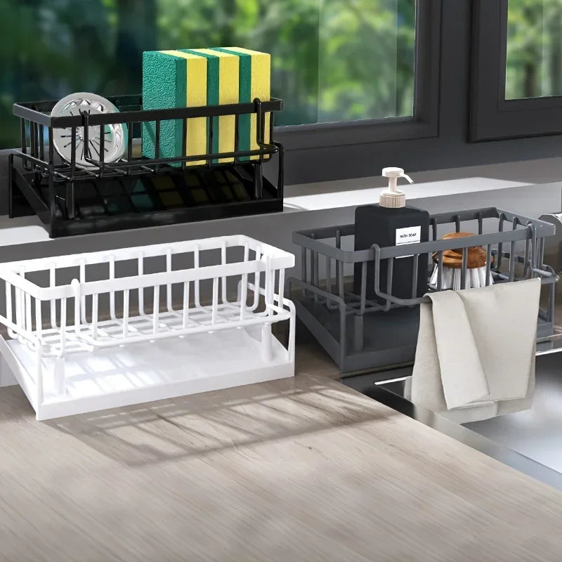 Black Kitchen Sink Caddy with Drainage Tray and Cloth Rail