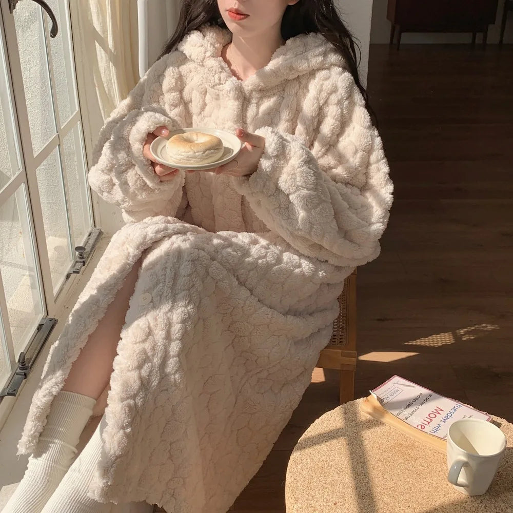 Women's Plush Hooded Pajama Dress Thickened Fleece Long Sleeve Nightgown Robe Winter Loungewear Home Bathroom Robe No Pants