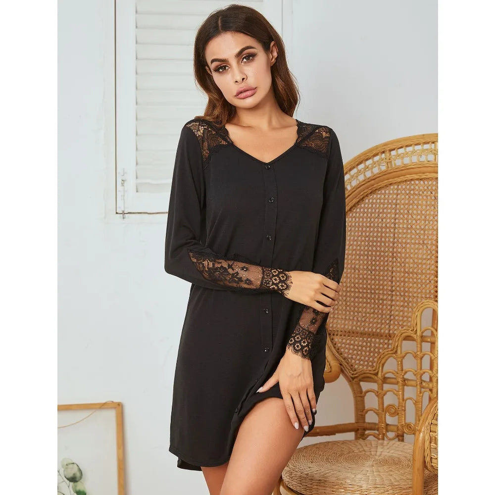 Women's Long-Sleeve Nightgown for Autumn & Winter Pullover Version Lace Panel Craft Fake Placket Decoration Loungewear