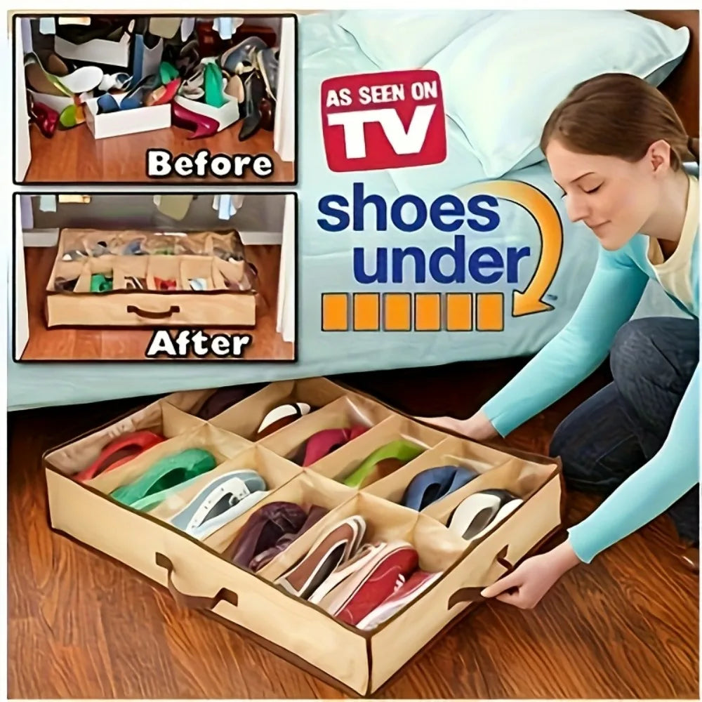 Twelve Compartment Under Bed Shoe Organiser With Clear Cover