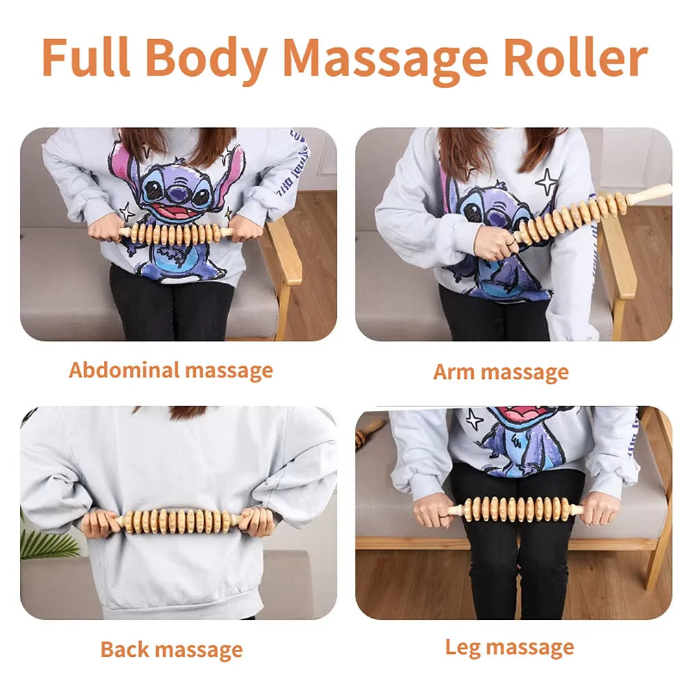 Body Fascia Massager Anti-slip Handle Wood Grooved Gear Arms Legs Thighs Buttocks Smooth Roller Massager for Back Relaxation