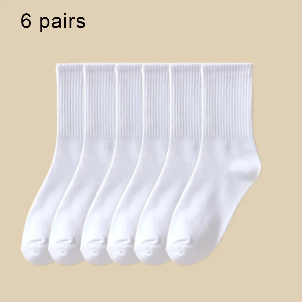 1/6 Pairs Women Mid-Tube Socks Solid Colour Autumn Winter Breathable Comfortable Sport Sweat Absorbent Man And Women's Socks 6 Pairs White B One Size
