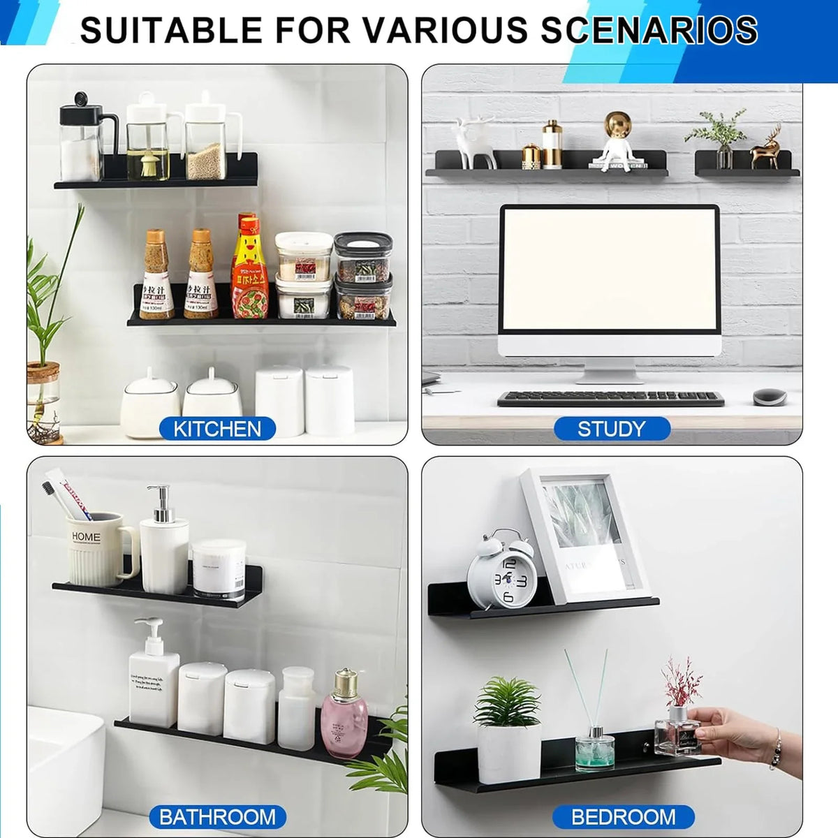 Aluminium Floating Wall Shelf No Drill for Books, Plants and Decor