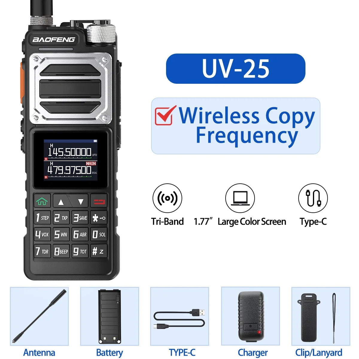 Baofeng UV-25 Air Band Walkie Talkie – Long Range UHF/VHF, Type-C Charging, 999CH, Wireless Frequency Copy, NOAA, Ham Radio - Dicrodelights