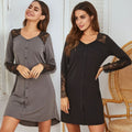 Women's Long-Sleeve Nightgown for Autumn & Winter Pullover Version Lace Panel Craft Fake Placket Decoration Loungewear