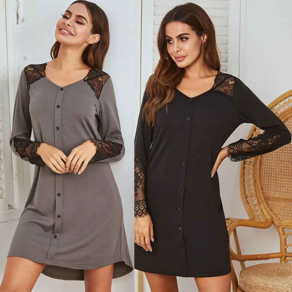 Women's Long-Sleeve Nightgown for Autumn & Winter Pullover Version Lace Panel Craft Fake Placket Decoration Loungewear