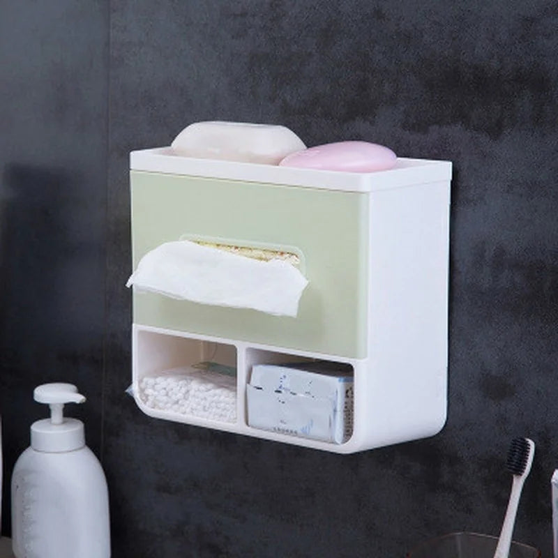 Wall-Mounted Tissue Box with Shelf and Storage Compartments