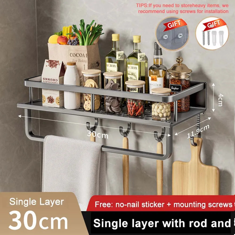 Wall-Mounted Kitchen Spice Rack Organizer Carbon Steel No Drilling 12-20 Inch Seasoning Holder Shelf for Easy Access to Spices 30cm with rod
