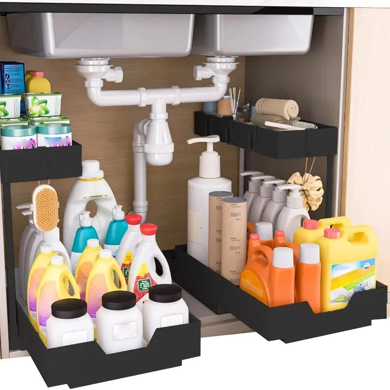 2-Tier Sliding Under Sink Organizer Pull Out Cabinet Storage Basket with Hooks Hanging Cup Kitchen Bathroom Space Saving Rack