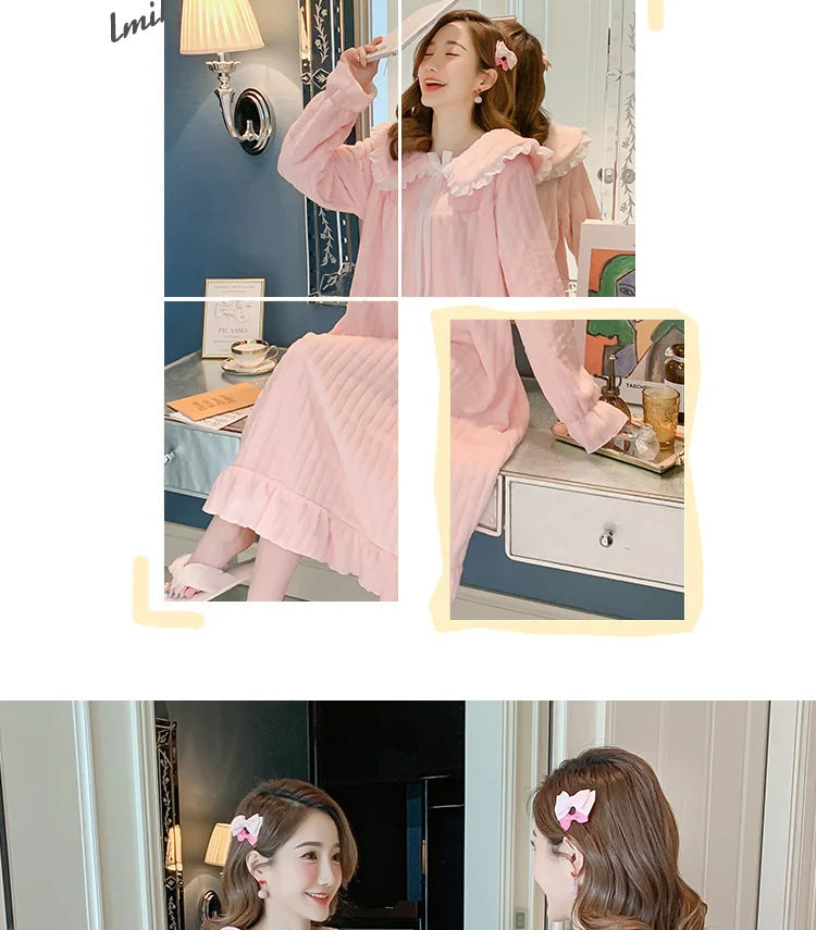 Womens Nightwear Nightdress Flannel Thickened Solid Colour Nightgown Doll Collar Student Warm Coral Velvet Ruffle Dress Robes Se