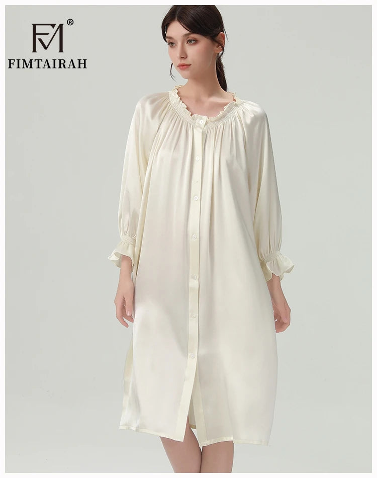 FIMTAIRAH 6A 22MM 100% Silk Nightdress Real Silk Nightgown Women long plus large size Sleepwear Pajamas robe