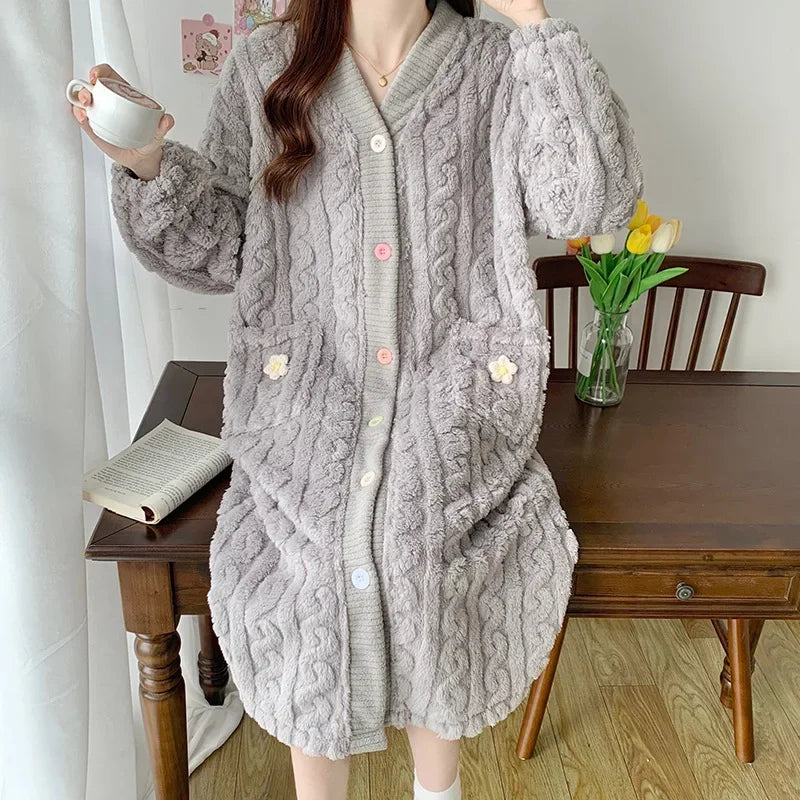 Thickened Flannel Sleepwear V-neck Home Clothes Women's Coral Fleece Robe Autumn Winter Patterned Fresh Flower Nightgown