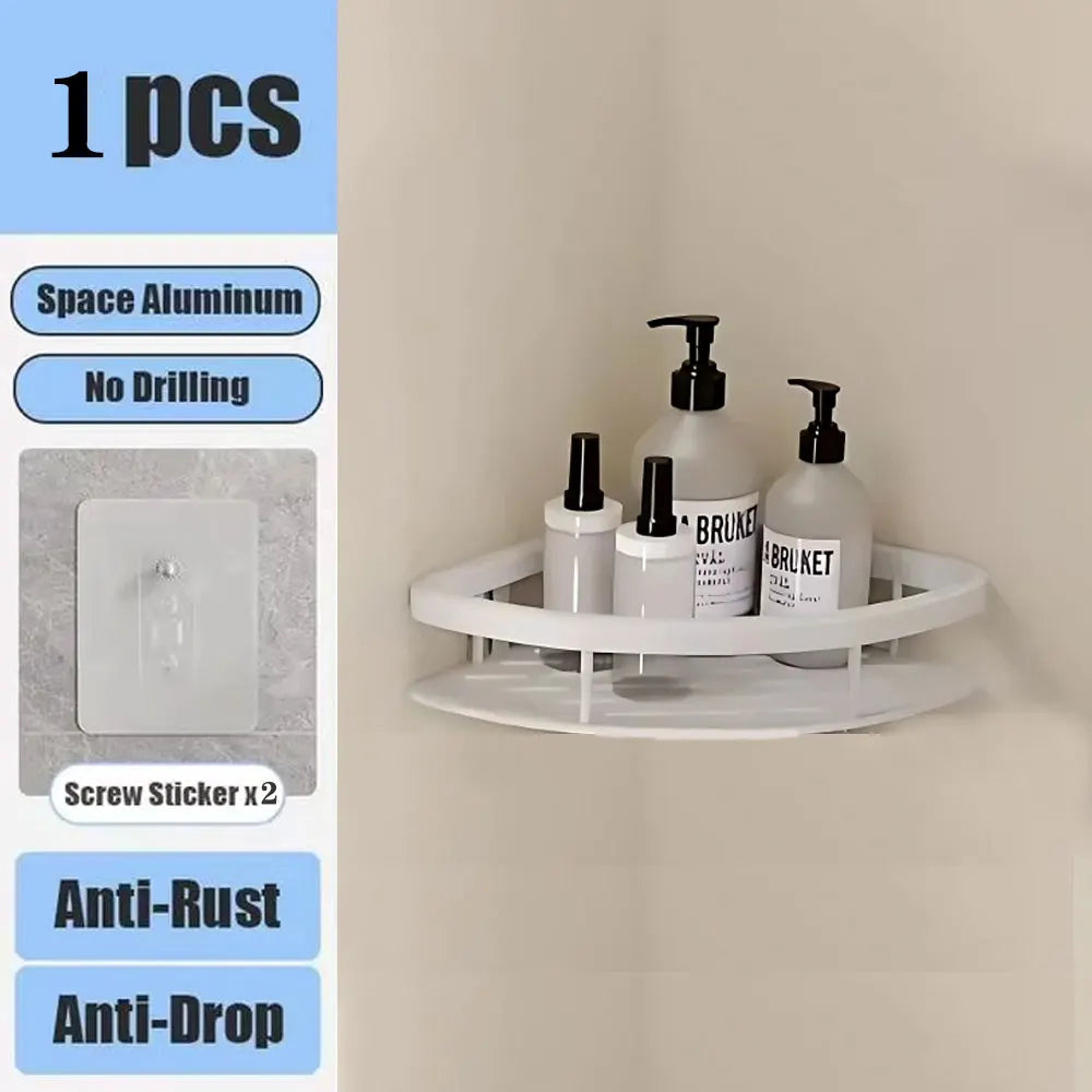 Bathroom Shelf No Drill Wall Mounted Shampoo Bottle Shower Corner Rack Toilet Storage Rack Aluminum Bathroom Kitchen Accessories white Triangle 1pc