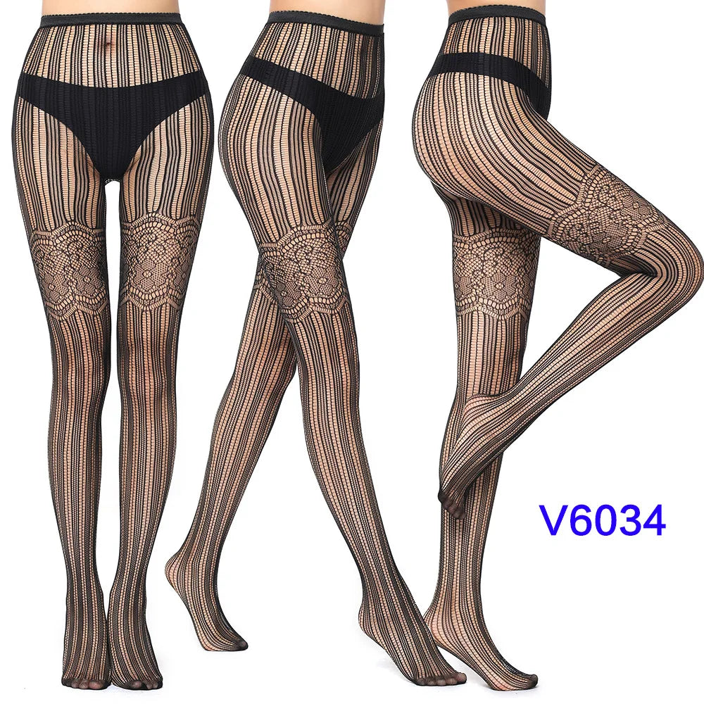 Women Sexy Fishnet Tights Jacquard Weave Seamless Pantyhose Yarns Garter Grid Fish Net Stockings Black Spider Gothic Lace Tights V6034 One Size